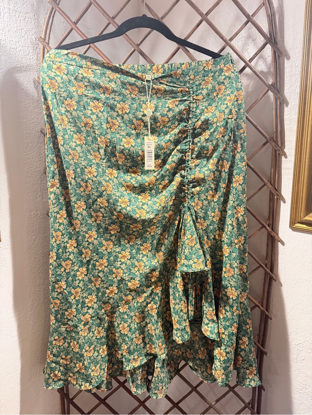 Max Studio Green Floral Asymmetrical Ruffled Midi Skirt